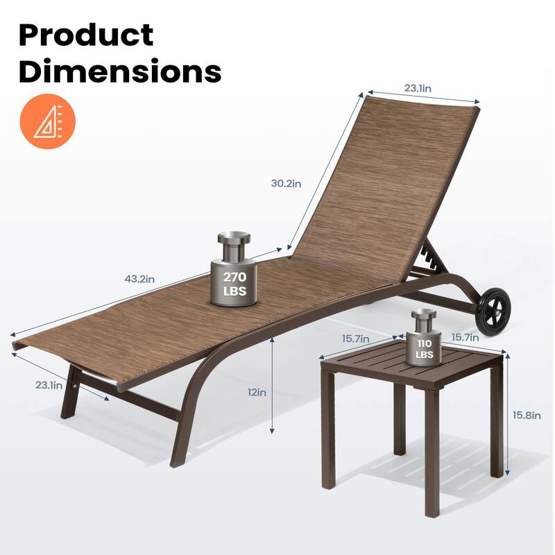 Pellebant Outdoor Patio Chaise Lounge Chairs Set with Side Table - Set of 3