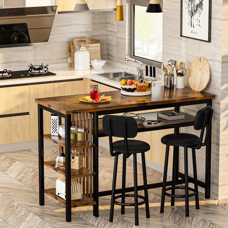 3-Piece Dining Room Table Set with 2 Upholstered Bar Stools, Modern Farmhouse Bar Table Set for 2 with Multiple Tier Shelves - Rustic Brown/Black/Dark Brown PU