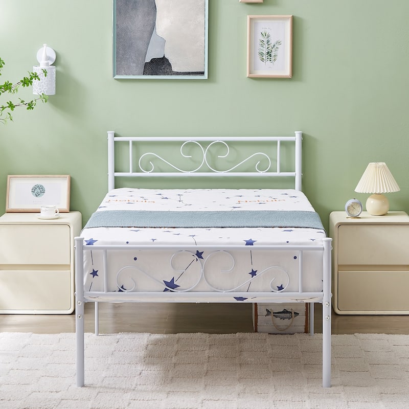 Modern Platform Bed Frame with Premium Graceful Scroll Headboard Twin/Full/Queen - White - Twin