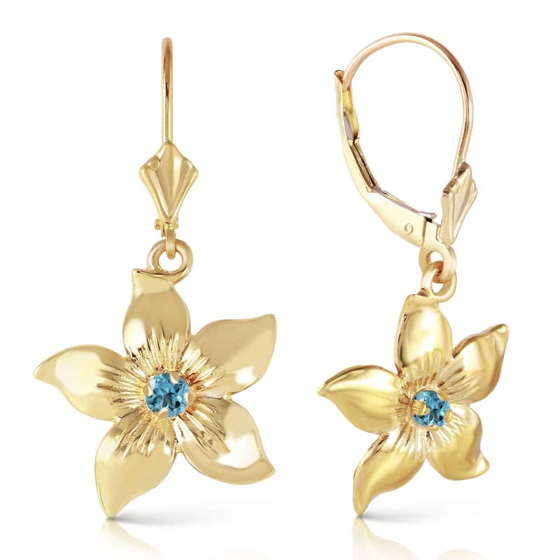 14K Solid Gold Leverback Flowers Gemstone Earrings w/ Blue Topaz - Yellow