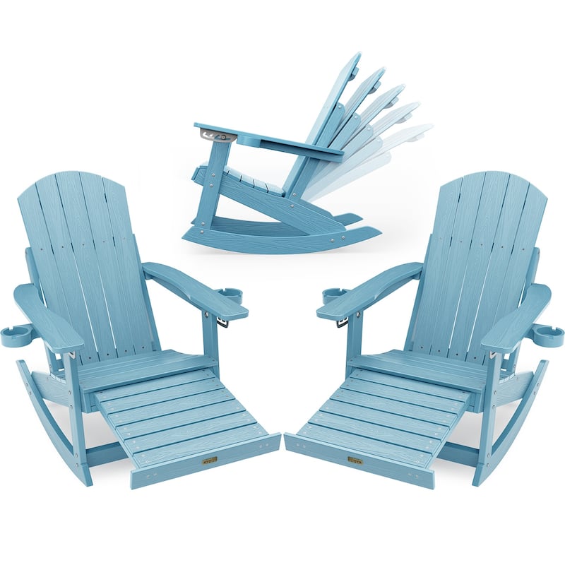 WINSOON HIPS Outdoor Rocking Chair with Adjustable Backrest and Retractable Ottoman-Set of 2 - Blue
