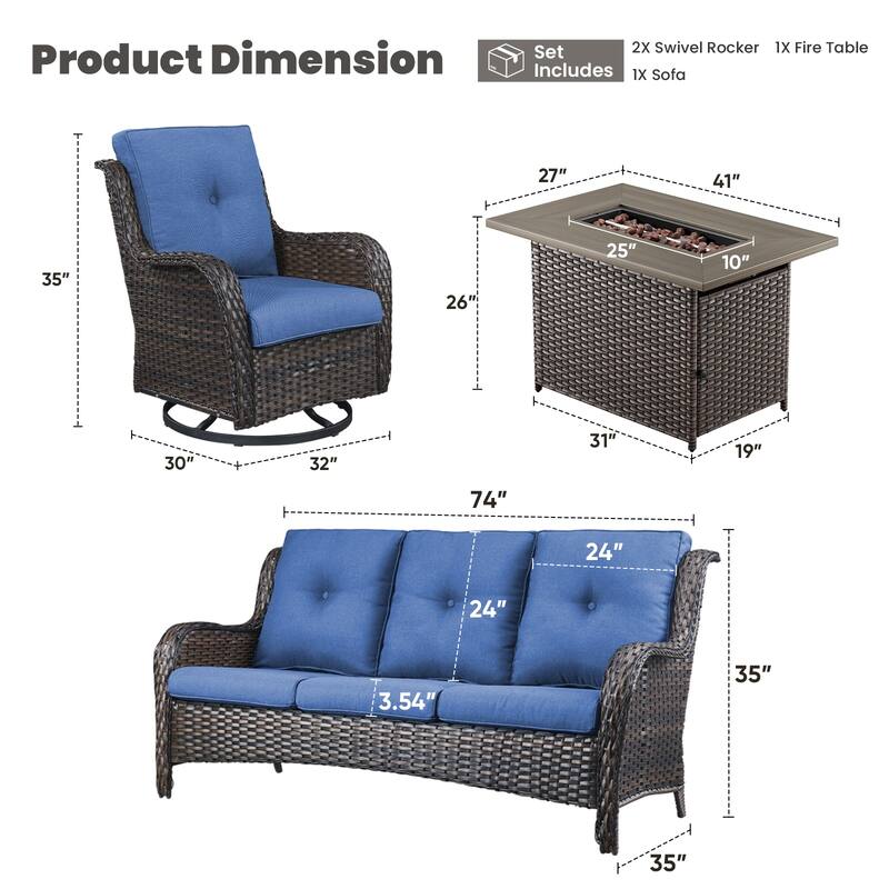 Gymojoy 4-Piece Outdoor Wicker Patio Furniture with Fire Pit Table, Rattan Coversation Set with Water Resistant Thick Cushions