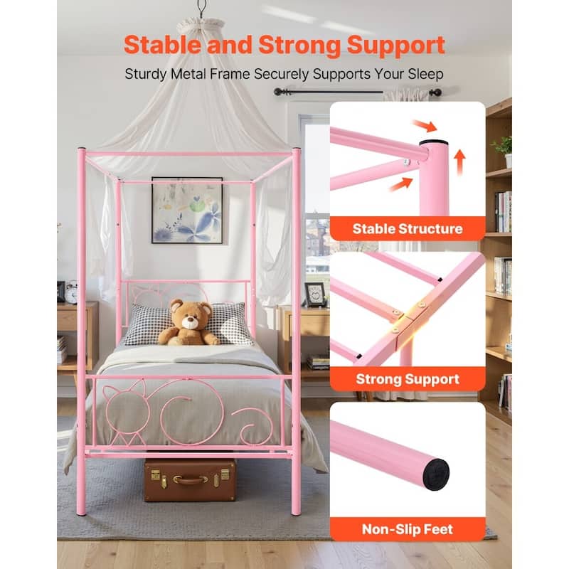 Pink Twin Canopy Bed Frame Metal Sturdy Four-Post Design with Under-Bed Storage Space