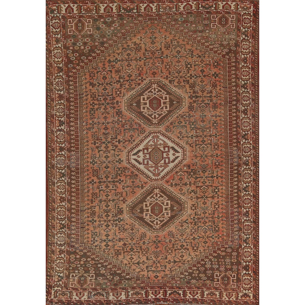 Tribal Qashqai Persian Vintage Area Rug Hand-Knotted Wool Carpet - 7'0"x 9'10"
