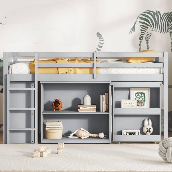 slide 2 of 20, Twin Size Low Loft Bed with 3 Drawers,Shelf Cabinet and Pull Out Desk Grey - Twin