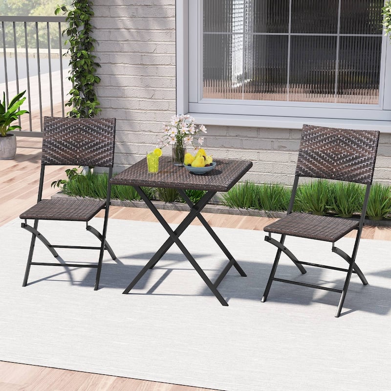 3-Piece Folding Rattan Bistro Set with 2 Chairs and Table for Balcony Garden or Backyard - Table: 24" x 24" x 27.5"
