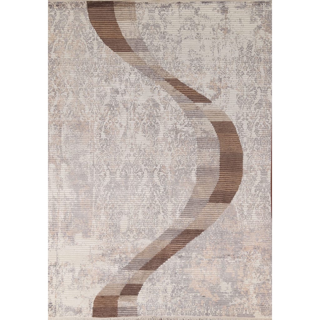 Beige Striped Modern Indian Area Rug Handmade Wool Carpet - 6'6"x 9'1"