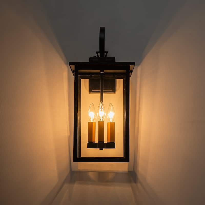 9.8in Clear Glass 3-Light Lantern Outdoor Armed Sconce - Matte Black & Brass