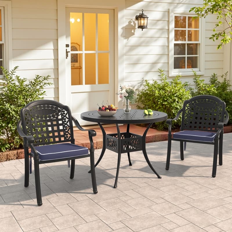 3/5 Piece Cast Aluminum Outdoor Dining Set with 39.37 in. Round Table and Seat Cushions