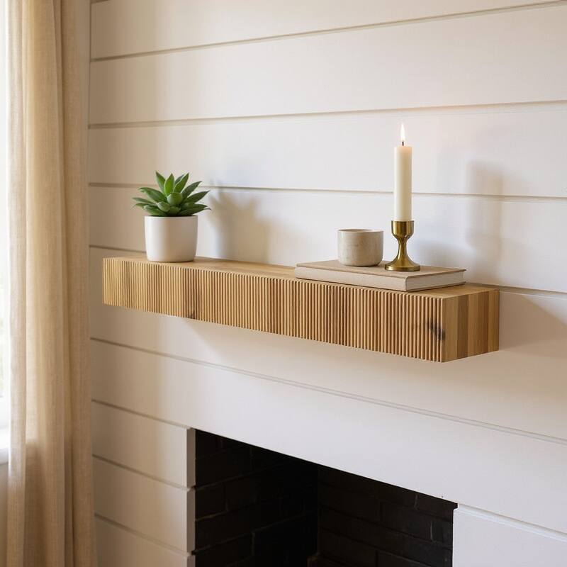 HomeRoots 59" Natural Ribbed Texture Solid Wood Wall Mounted Mantel Floating Shelf - 59.06 in. x 5.91 in. x 7.87 in. - Natural - 59.06 in. x 5.91 in.  x 7.87 in.