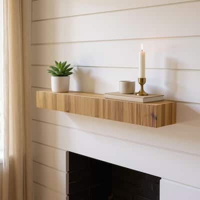 HomeRoots 59" Natural Ribbed Texture Solid Wood Wall Mounted Mantel Floating Shelf - 59.06 in. x 5.91 in. x 7.87 in.