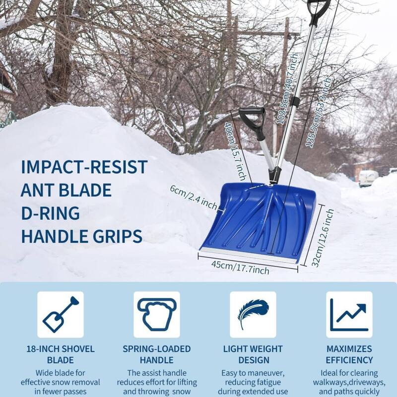 18" Wide Lightweight Snow Pusher Ergonomic Snow Shovel for Driveway, Walkway