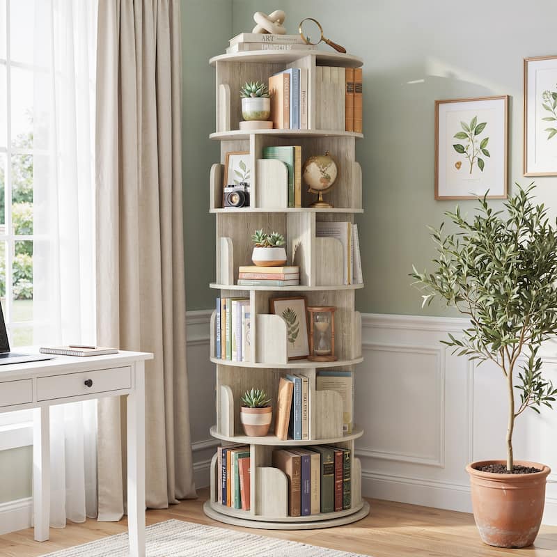 4/5/6 Tiers Round Rotating Bookcase, Revolving Floor Standing Bookshelf Corner Organizer Display - Beige-6T
