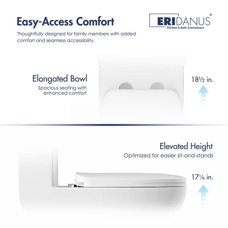 Eridanus Salerno Compact Elongated One Piece Toilet, Chair Height, 12-inch Rough in, Seat Included