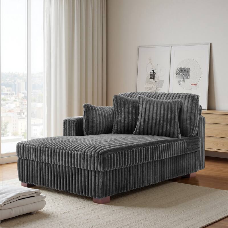 42" W Plush Corduroy Upholstered Chaise Lounge Sleeper for Living - Chaise&2 Pillows-Left Facing - Grey