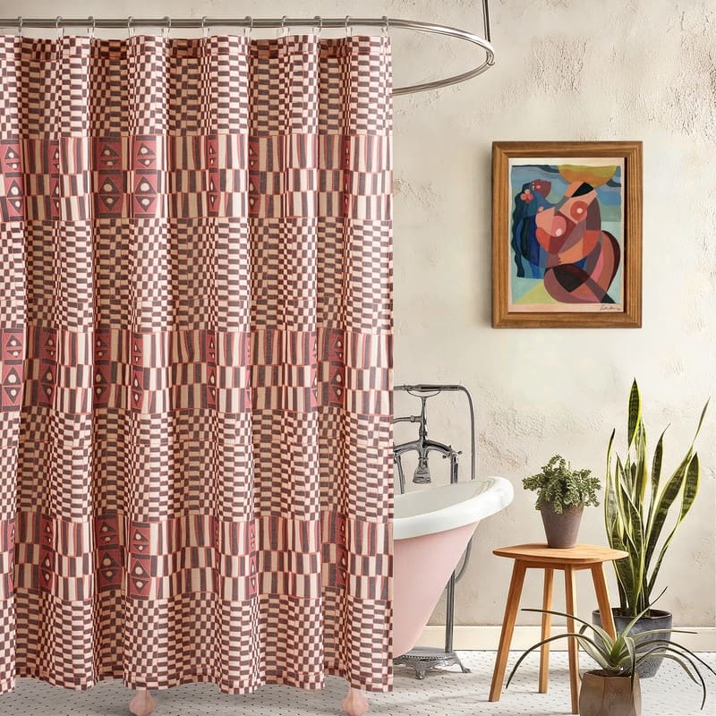 Verona Geometric Burgundy Cotton Fabric Shower Curtain by Jungalow - Burgundy