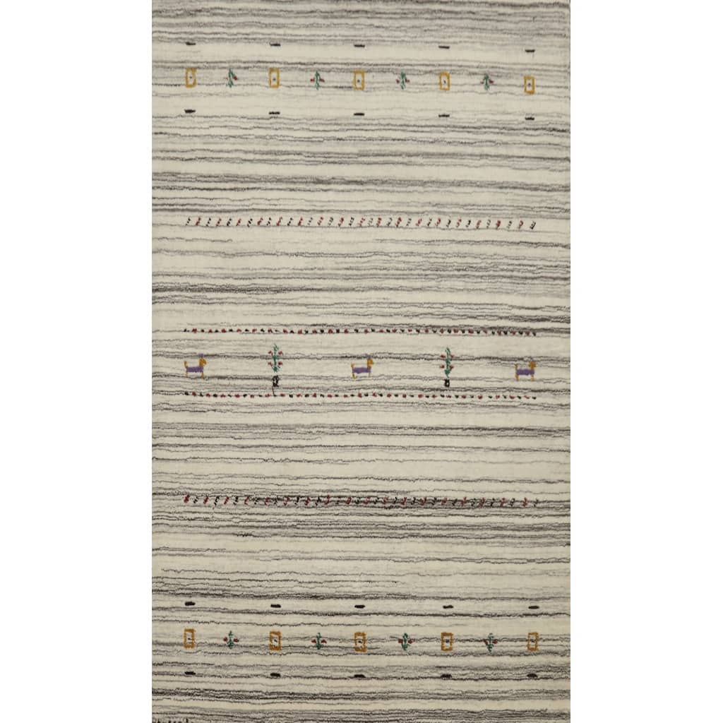 Hand Knotted Oriental 100% Wool Carpet Tribal Animal Pictorial Beige & Ivories Gabbeh Area Rug - 4' 11'' X 3' 0''