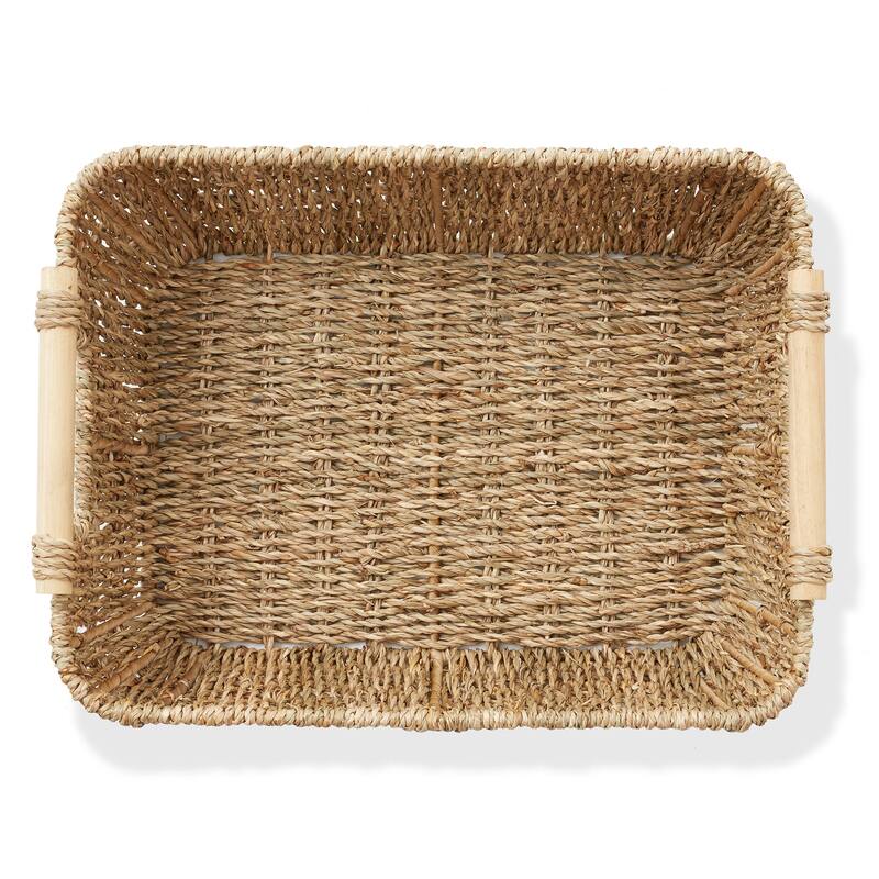 Hyacinth Seagrass Oval Storage Baskets with Wooden Handles Woven Bins