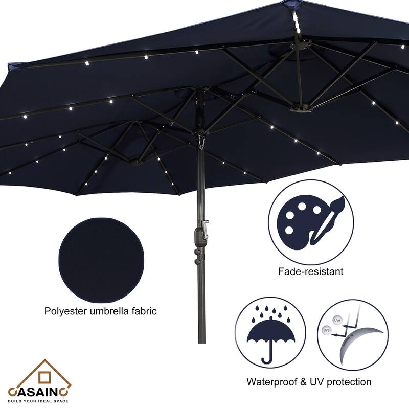 15-ft. Rectangular Crank Double-sided Outdoor Market Umbrella Solar LED Lighted Patio Umbrella with Base Included
