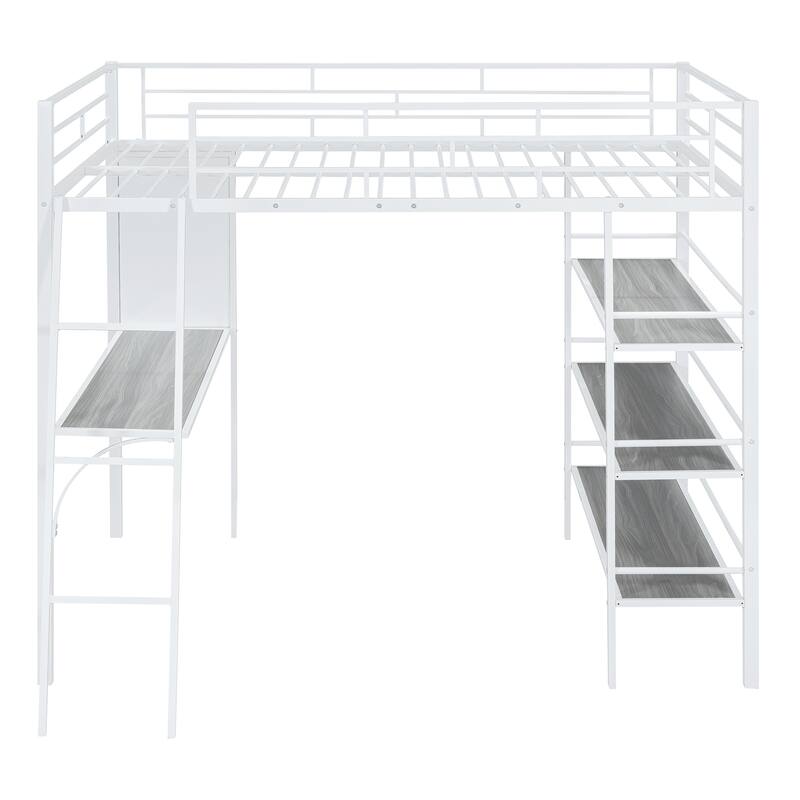 Full Size Metal Loft Bed with Shelves and Desk