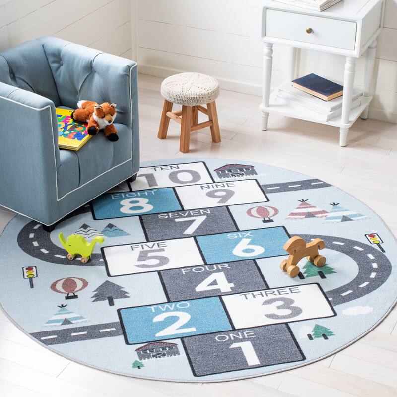 SAFAVIEH Kids Playhouse Machine Washable Slip Resistant Arendine Hopscotch Area Rug - 6'7" x 6'7" Round - Grey/Blue