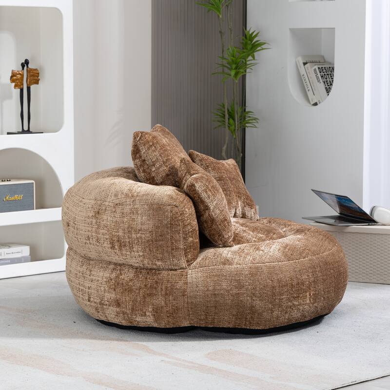 Chenille Oval Bean Bag Chair, Memory Foam Filling Lazy Sofa, Adults Lounge Chair with 3 Pillows & Semi-Wraparound Armrests