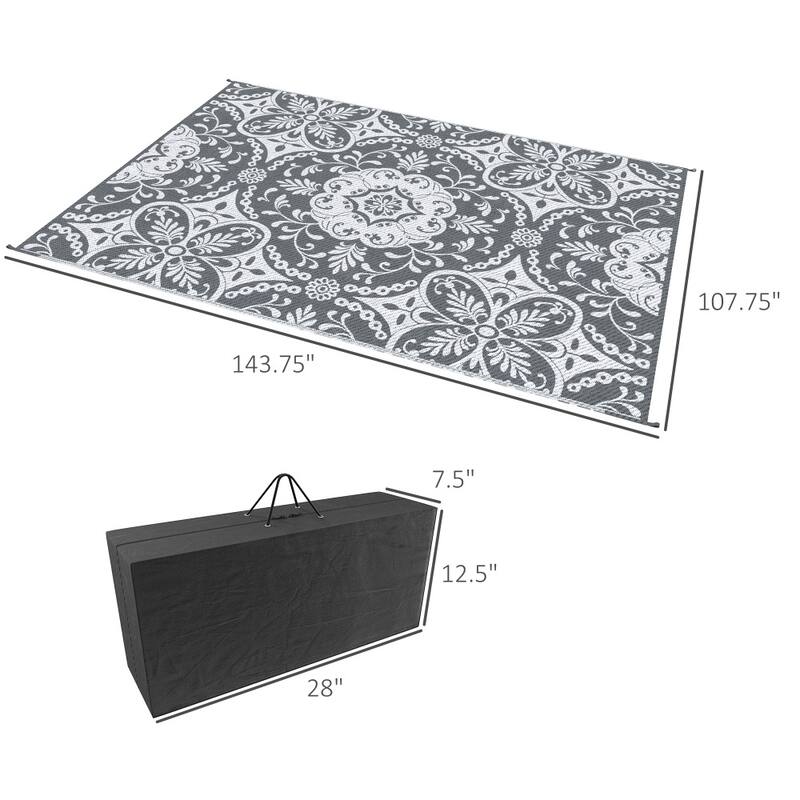 Reversible Outdoor Rug Gray White Floral Waterproof Foldable Camping RV Patio Picnic Mat - 107.75" W x 143.75" L