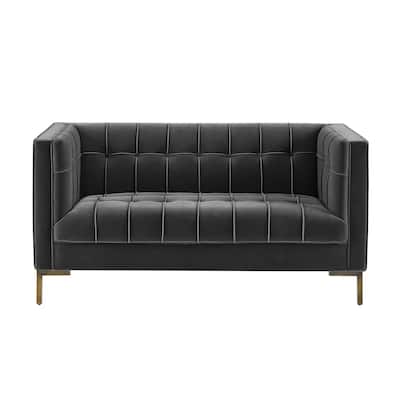 Velvet Upholstered Loveseat Sofa, Small Loveseat Sofa with Channel Stitching, 2 Seater Sofa Couch with Brass Legs