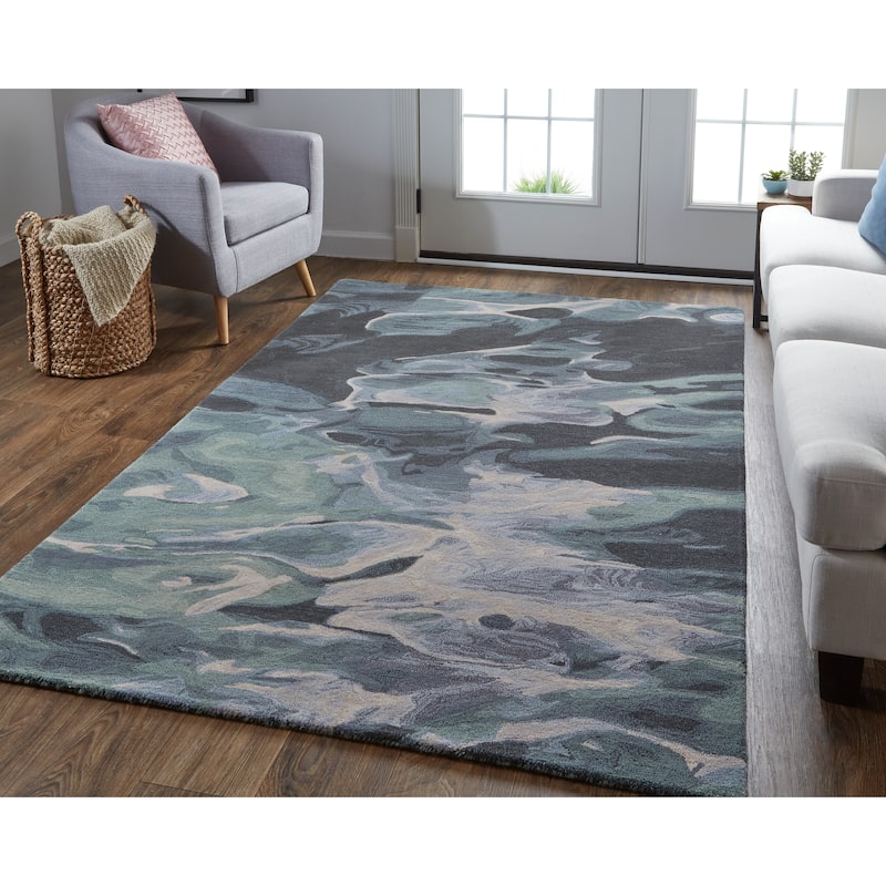 Nakita Contemporary Watercolor Rug, Iceberg Green/Mist Blue - 2' x 3' Oval