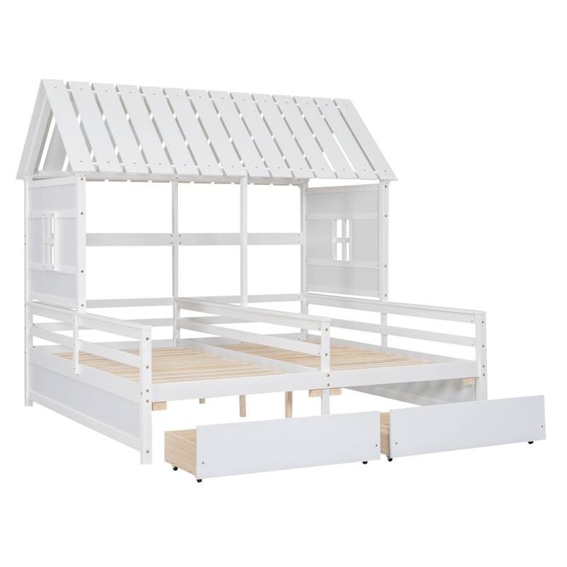 Twin Size House Platform Beds with Two Drawers for Boy and Girl Shared Beds, Combination of 2 Side by Side Twin Size Beds