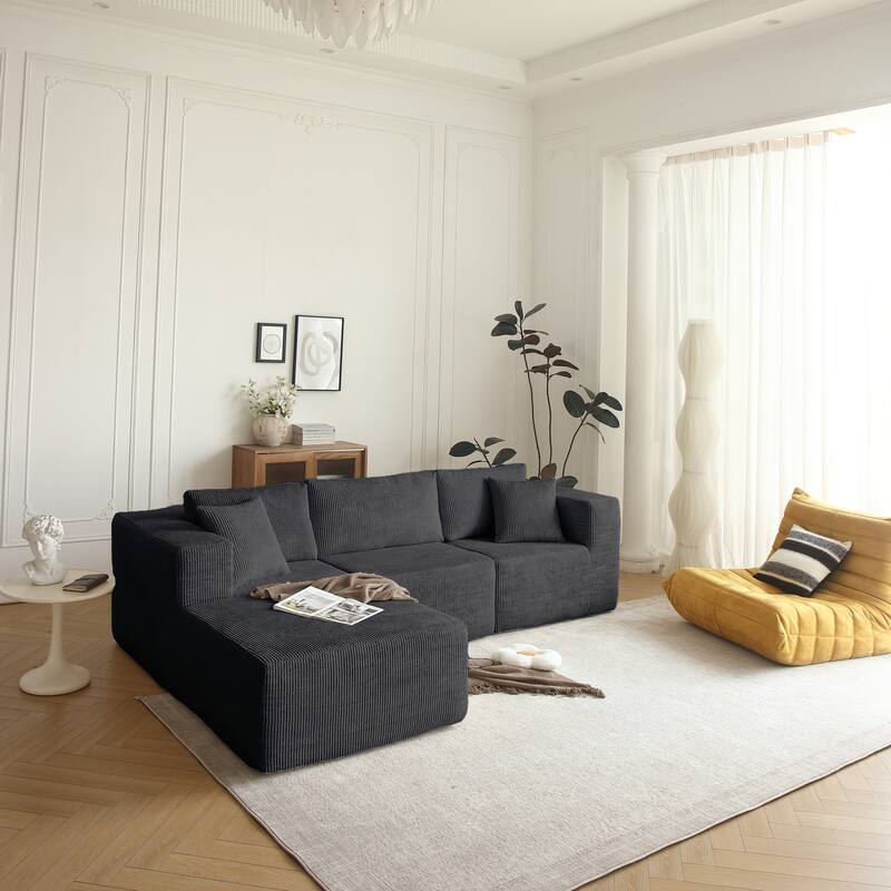 Mid-Century Modern Grey L Shaped 3-Seat Fabric Sectional Sofa for Living Room