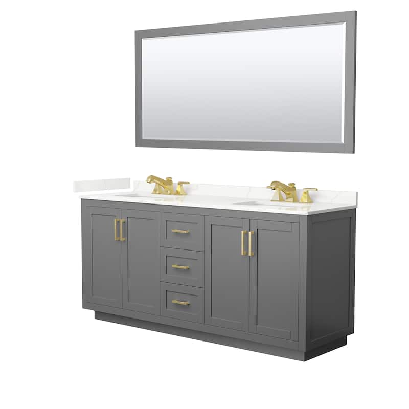 Miranda 72-inch Double Vanity, Quartz Top, 70-inch Mirror - Dark Gray, Gold Trim, Giotto Quartz Top
