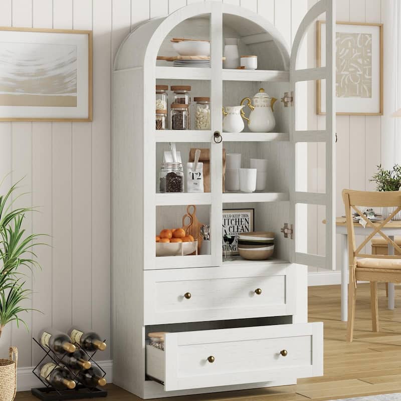 Kitchen Pantry Cabinet, 72" Tall Arched Kitchen Pantry Storage Cabinet, Wood Versatile Rustic Cupboard with Drawers - White - Glass Door
