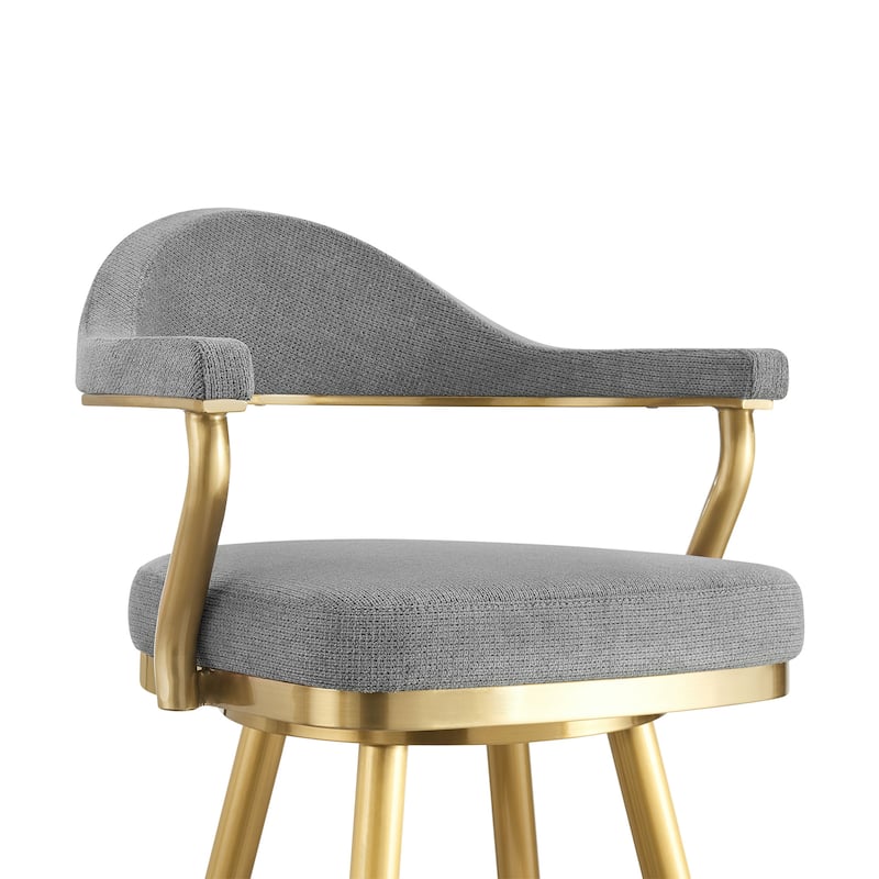 HomeRoots 30" Gray and Gold Fabric and Stainless Steel Low Back Bar Height Swivel Bar Chair