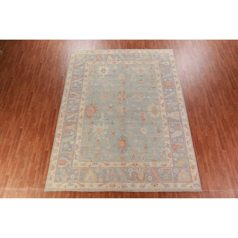 Hand Knotted Oriental 100% Wool Carpet Transitional All-Over Navy Blue & Blues Oushak Area Rug - 12' 2'' X 9' 4''