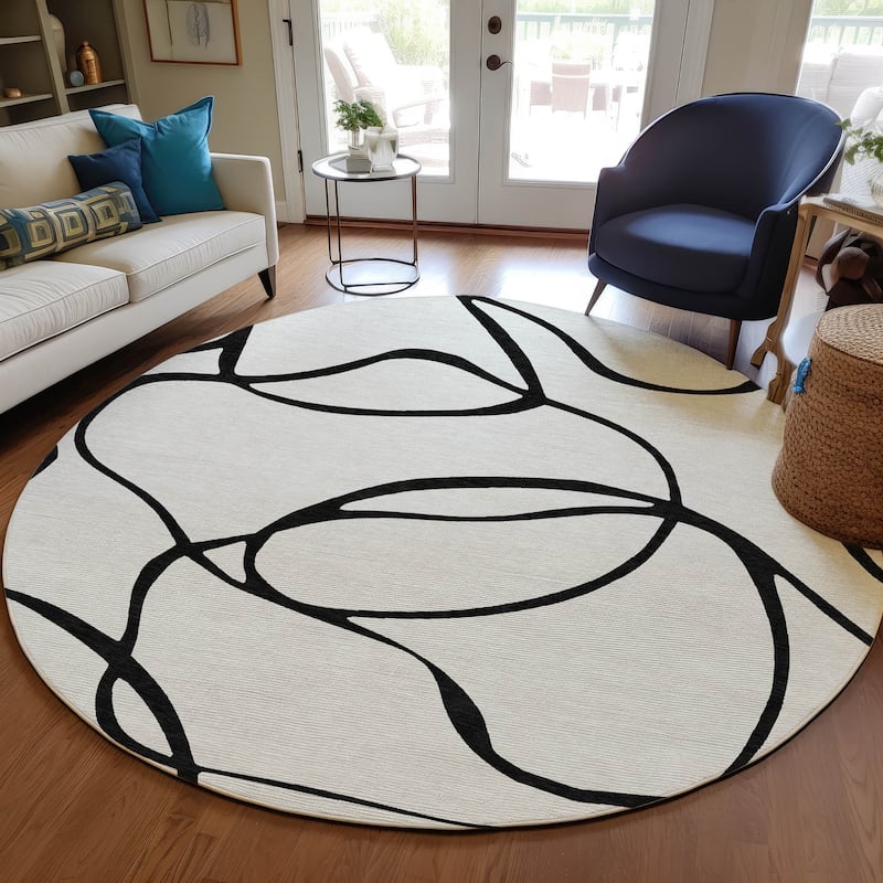 Machine Washable Indoor/ Outdoor Abstract Modern Chantille Rug - White - 8' x 8'