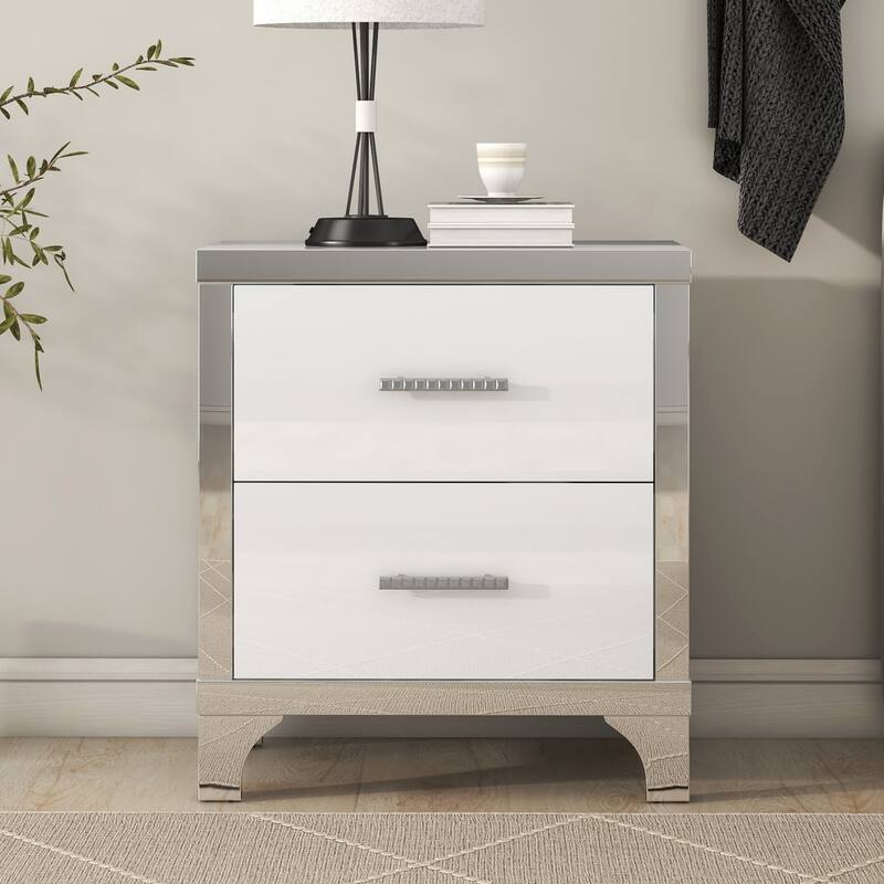 Elegant High-Gloss Mirrored 2-Drawer Nightstand - Metal Handle Bedside Table for Bedroom/Living Room (White)
