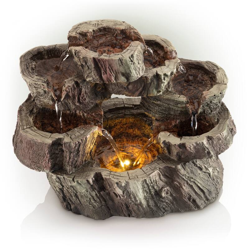 Alpine Corporation 10" Tall Indoor Tabletop Circular Tiered Tree Trunk Waterfall Fountain with LED Lights