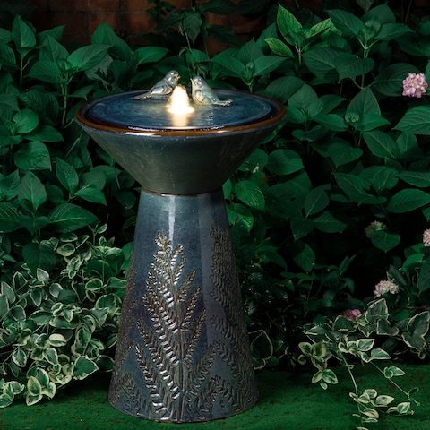 Glitzhome 27.5"H LED Turquoise Two Birds Embossed Ceramic Fountain