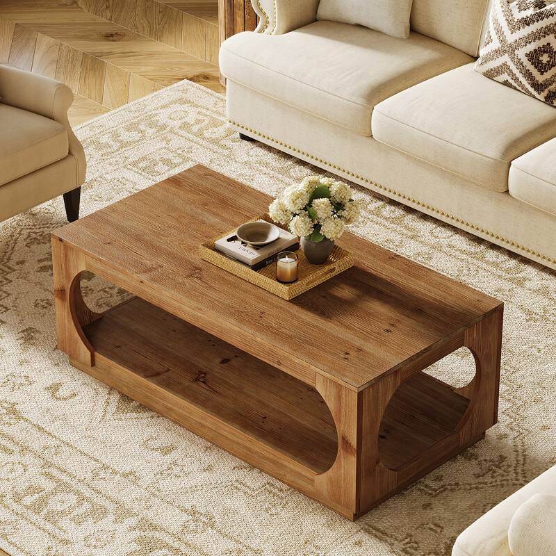 Rectangular Solid Wood Coffee Table with Storage for Living Room