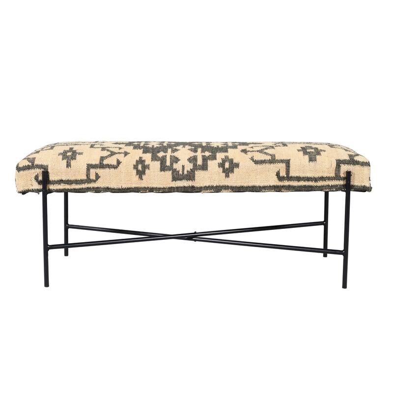 HomeRoots 48" Cream and Black Cotton Blend Upholstered Southwest Bench - 48' X '18' X '16