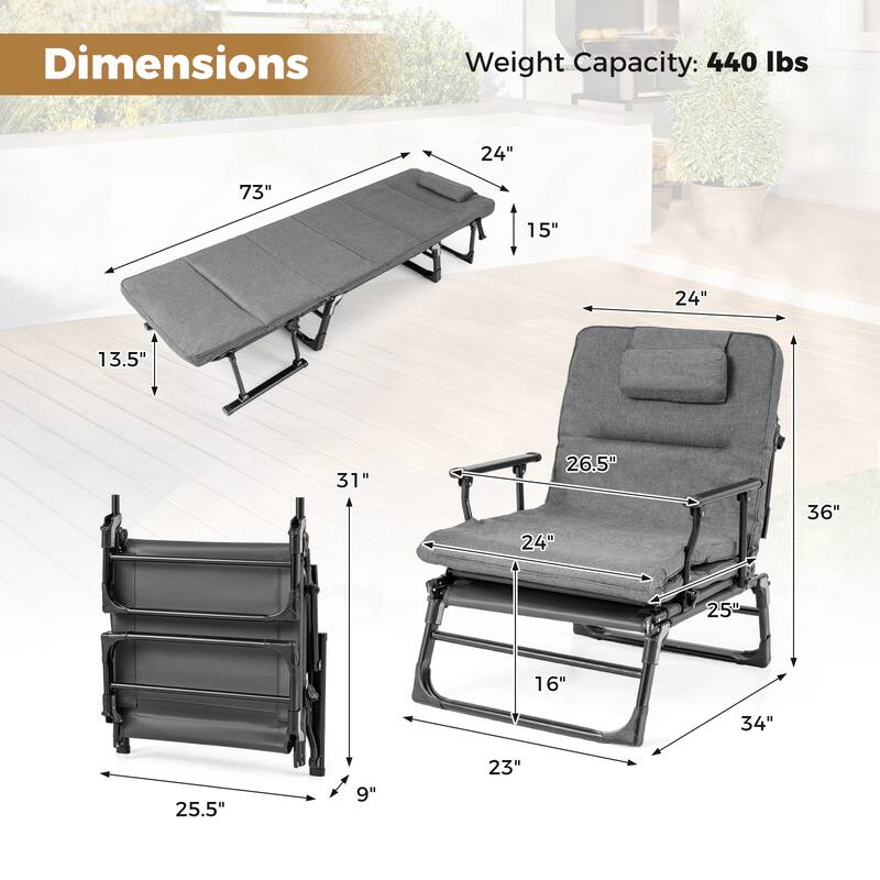 Gymax 3-in-1 Folding Camping Cot w/Mattress&6-Level Backrest Armrests