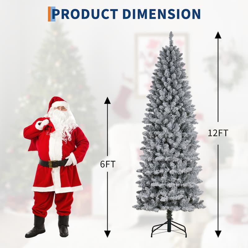 6ft Prelit Flocked Pencil Christmas Tree with Lights, Slim Artificial Xmas Tree with Snowy Branch