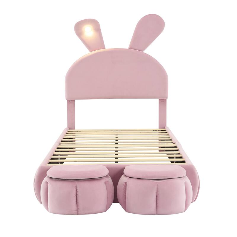 Twin/Full Size Upholstered Platform Bed w/Cartoon Ears Shaped Headboard & Light, Cartoon Twin Bed Frame w/2 Small Storage Stools
