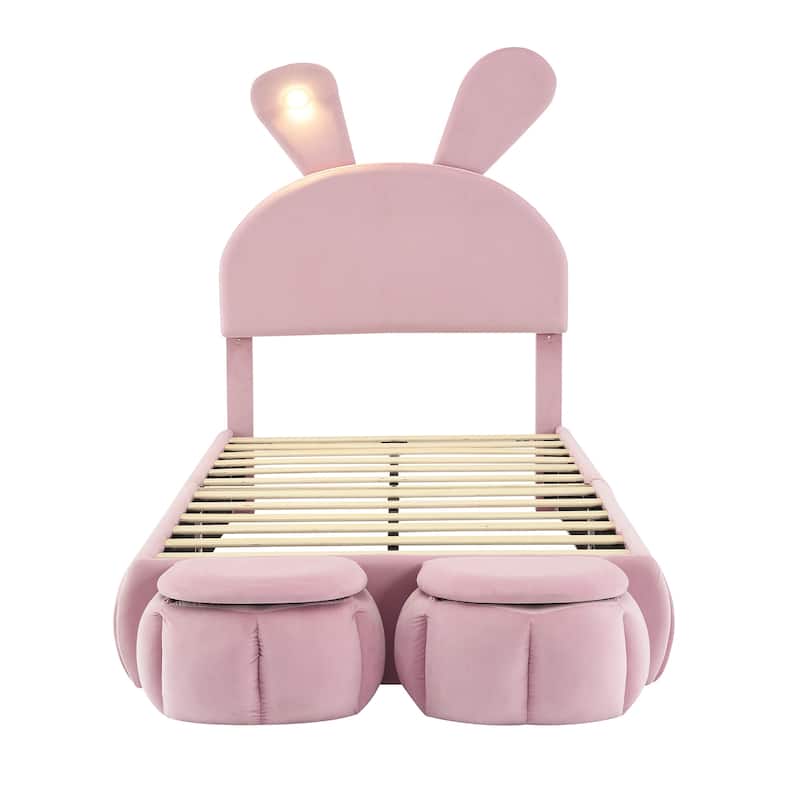 Twin Size Upholstered Velvet Platform Bed Frame with Cartoon Ears Shaped Headboard and LED Night Light for Bedroom
