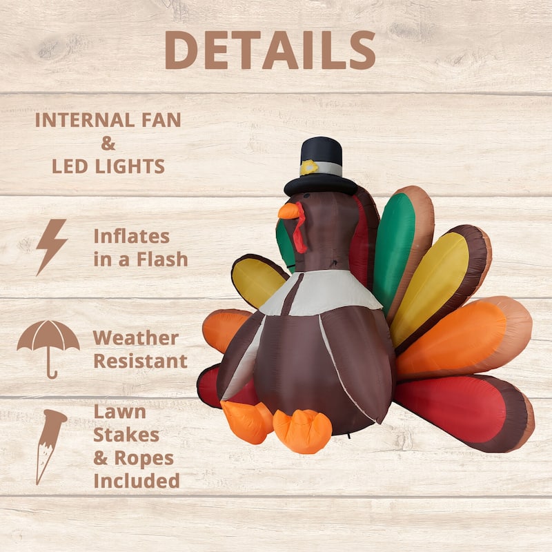 Fraser Hill Farm 8-Ft. Wide Turkey Inflatable with Lights Thanksgiving Decor - 8 Foot