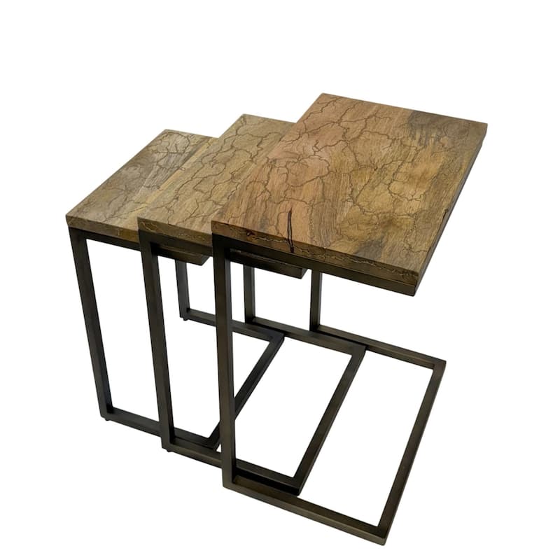Electra 3 Piece Square Nesting Table Set - Black Iron Frame and Electrified Wooden Top Accent Table