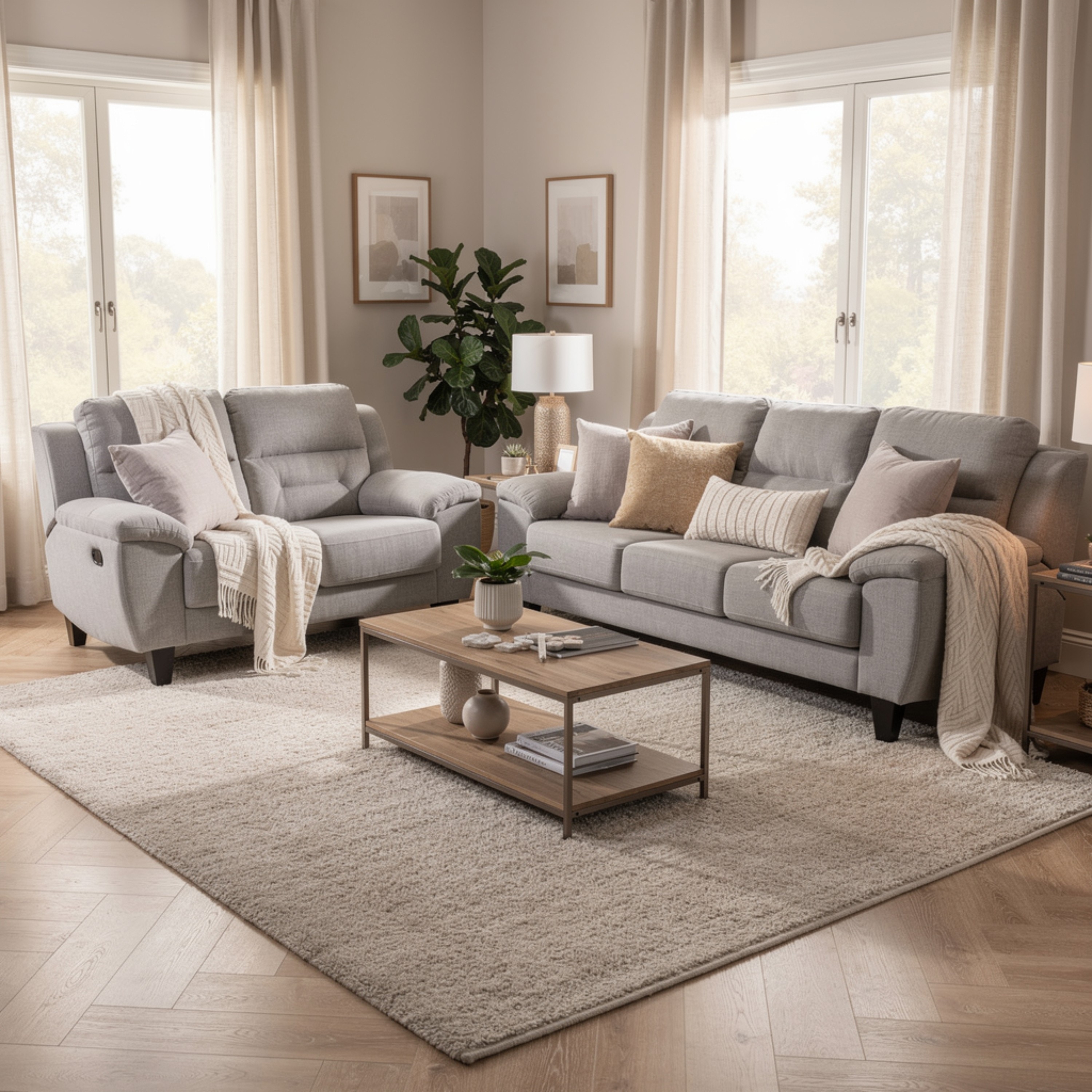Gilo 2pc Manual Recliner Sofa and Loveseat Set, Soft Gray Chenille