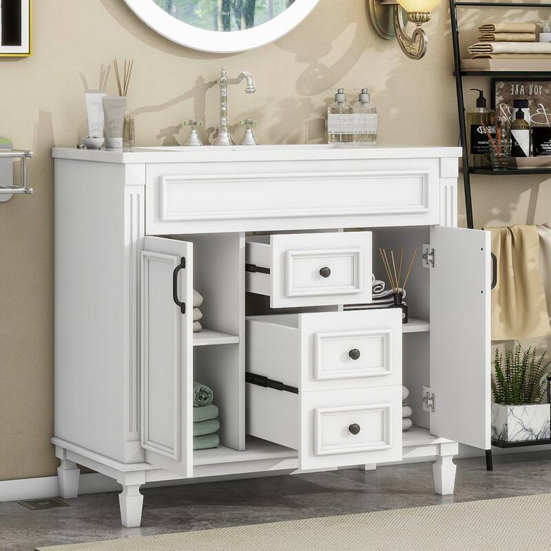 36'' Bathroom Vanity with Top Sink, Freestanding Vanity Set with Mirror Cabinet