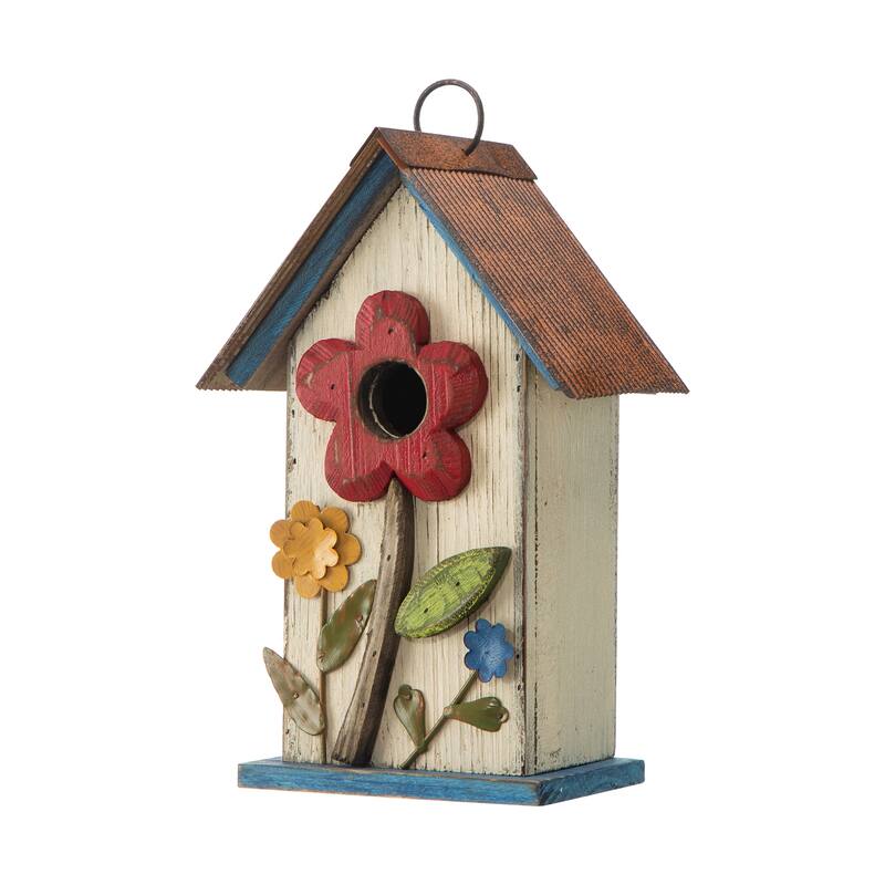 Glitzhome 10"H Multicolor Cute Distressed Solid Wood Birdhouse with 3D Flowers - Red/Off-White